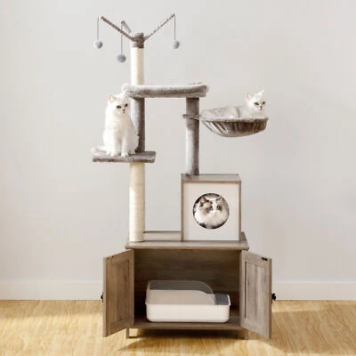 HOOBRO Modern Cat Tree with Litter Box Enclosure Cat Condo with Scratching Posts