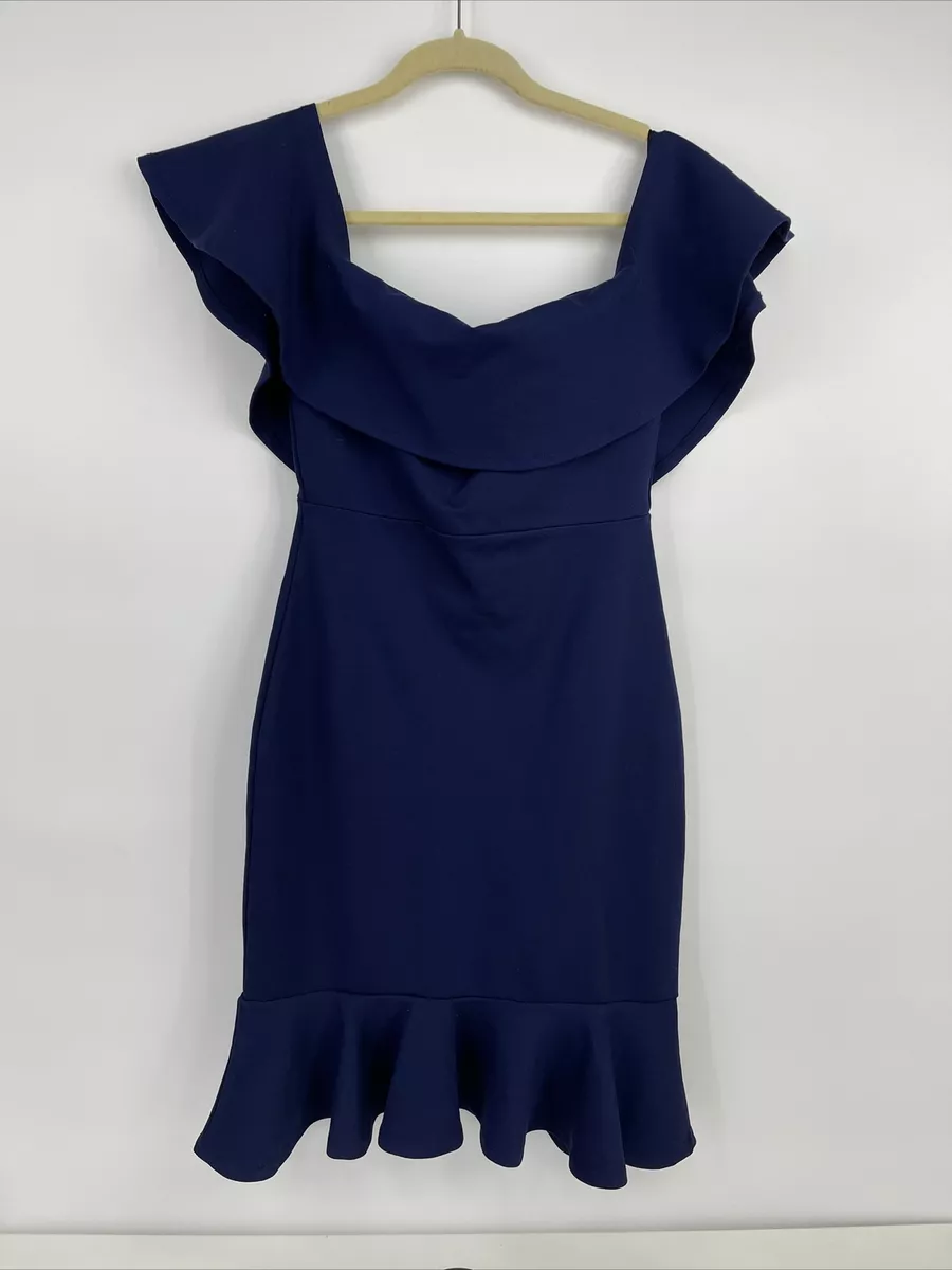 NEW Lulus Navy Blue Confidence Boost Off The Shoulder Bodycon Midi