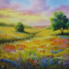 Summer Landscape Flowers Meadow Hand Painted Original Painting