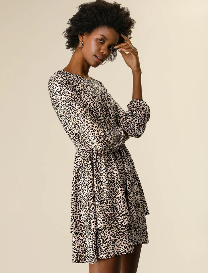 Vestido para mujer de leopardo manga larga con volantes en capas dobladillo Foto 4 de 4