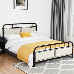Full Size Metal Bed Frame Platform Bed Upholstered Panel Headboard
