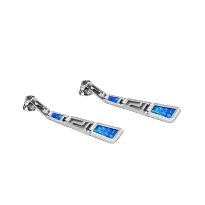 Boucles d'oreilles pendantes en argent sterling opale bleue clé grecque, arge... - Photo 1/4