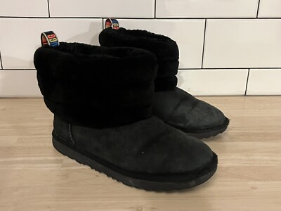 UGG Boots Womens Size 5 Classic Mini Fluff Quilted Shearling Boot - Balck Suede