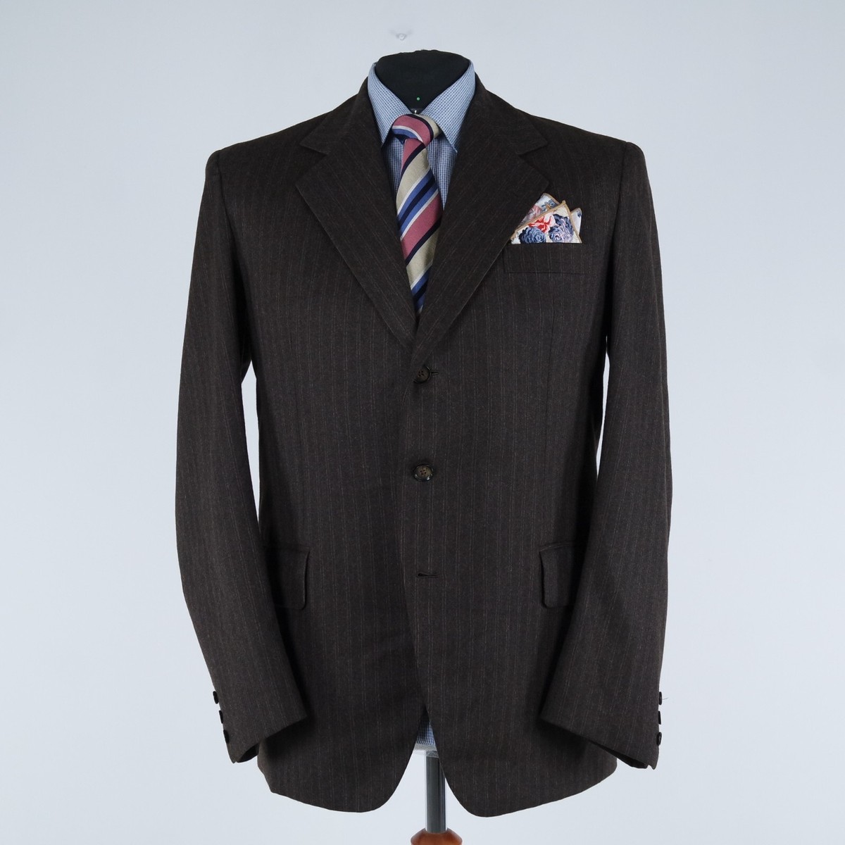 Mens Vintage Striped Sport Coat 44L US Size Dark Brown Wool Blazer