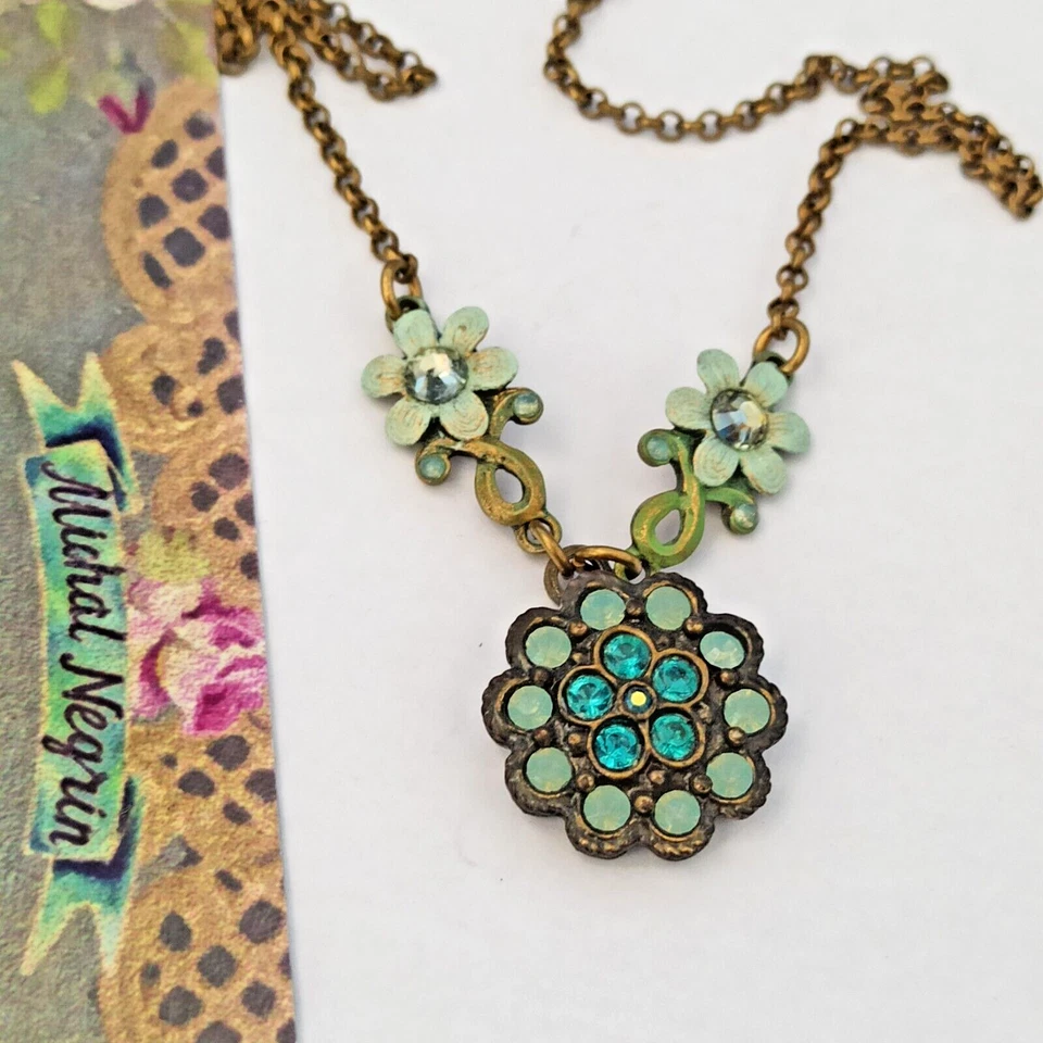 Michal Negrin Necklace Pastel Green Ice Blue Crystals Flower Romantic Retro VTG - Image 3 of 4