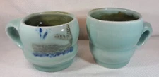 2 Pottery  Mugs Signed Studio Light Blue Green Turquoise whale designs