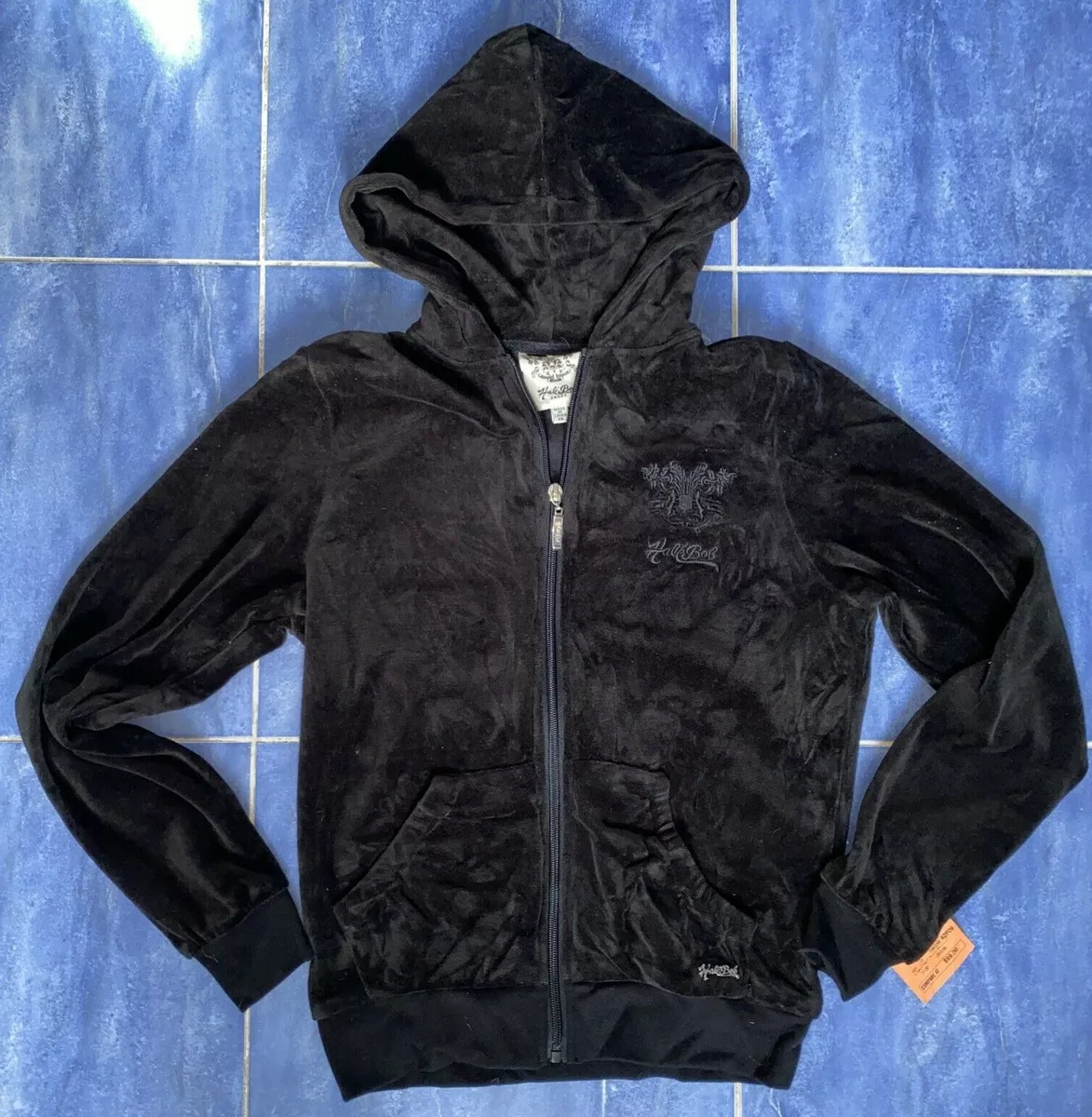 New Y2K Vintage Hale Bob Logo Cotton Velour Full Zip Crop Track Hoodie Jacket XS
