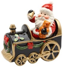 Brand New Christmas Santa Holding Bear Doll in Train Salt and Pepper Set