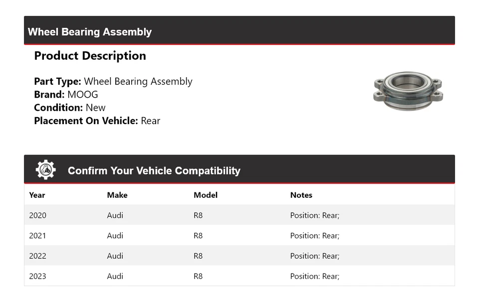 Conjunto de cojinete de rueda trasero MOOG 2020 2021 2022 2023 AUDI R8 2020-2023 Foto 2 de 4