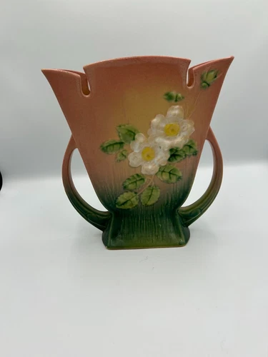 Vintage 1940 Roseville Pottery White Rose Pink Vase #987-9"