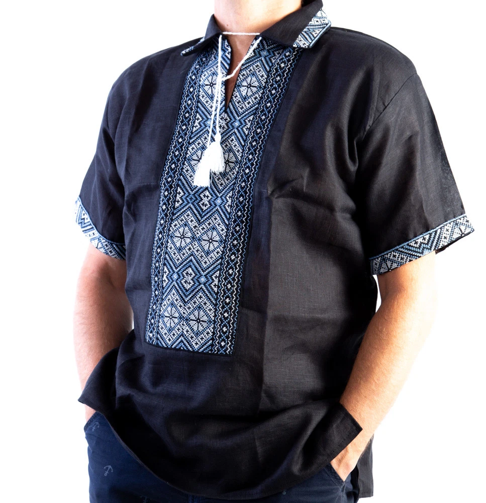 VYSHYVANKA men Ukraine Embroidered Black Blue Gray Linen shirt S-4XL POLO COLLAR