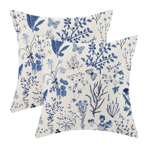Navy Blue Wild Floral Summer Pillow Covers Set of 2 - 18x18 Inches-image