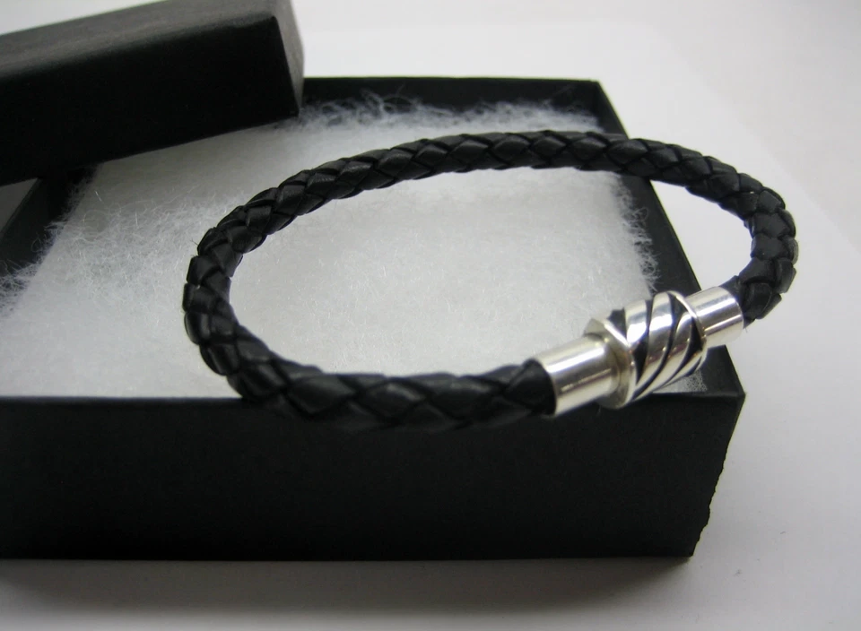 Plata de Ley 925 Tubo Decoración con 5mm Trenzado Italiano Cuero Pulsera Hombre/Mujer  Foto 4 de 4