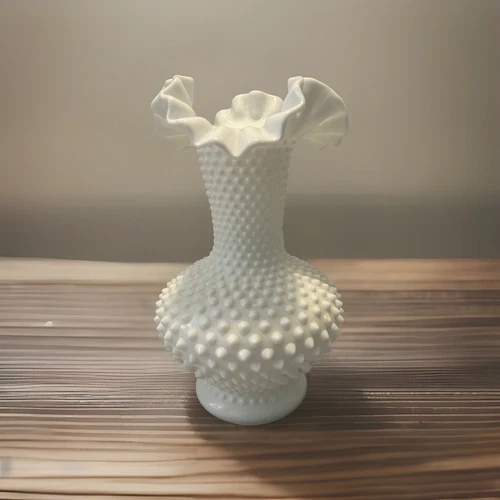 VTG Fenton White Milk Glass Hobnail 10.5" Ruffled Crimped Rim Vase Large MINT!