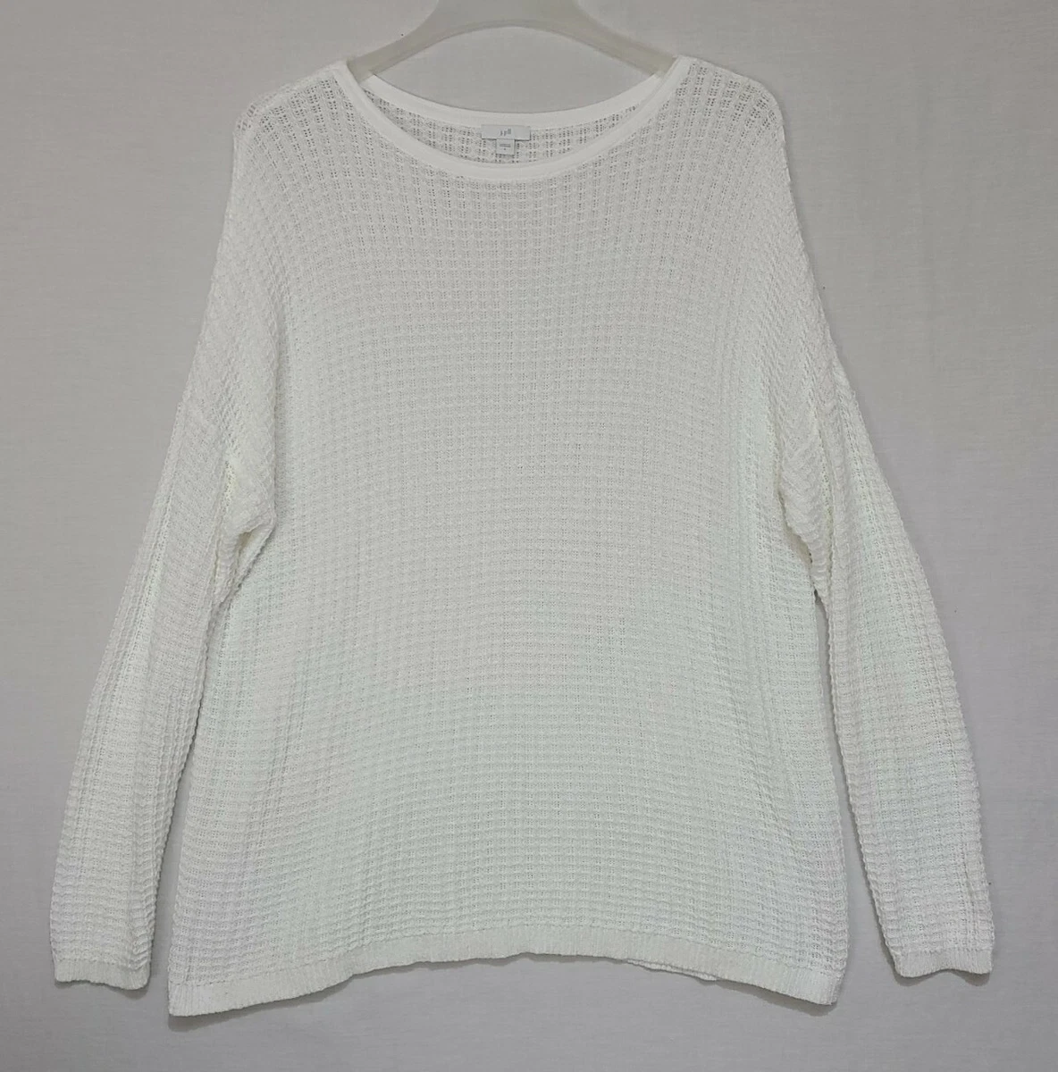 J.Jill White Cotton Waffle Knit Fishnet Thermal Sweater Long Sleeve Sz L ZI