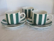 Grindley Cabana Stripes Green-Staffordshire England-3 Breakfast Cups + 2 Saucers