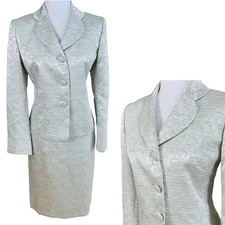 Kasper 6P Skirt Suit w/Blazer Jacket Shimmery Floral Brocade Jacquard Silver 
