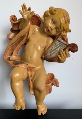 Fontanini(verm), Engel mit Harfe   Original Italien Vintage Wandfigur 29 cm