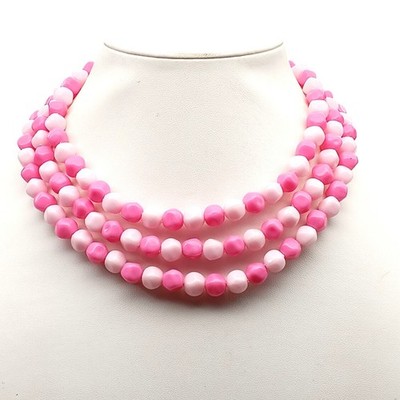 Vintage Pink & White Multi-Strand Beaded Necklace Adjustable Length Plastic Bead