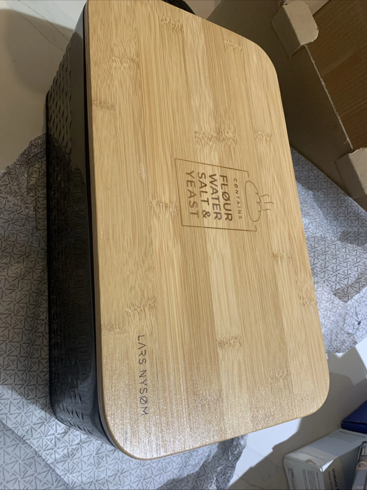 LARS NYSØM Bread Box with Bamboo Lid – Black Metal Scandinavian Kitchen Storage