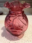 Fenton Art Glass Cranberry Opalescent 6.5” Vase Bow frosted Ruffled Edge Estate