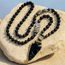 Healing Lava Obsidian Mala Men Necklace Knotted Bead Pendant Meditation Jewelry