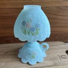 Fenton Fairy Lamp "Frosted Asters On Blue Satin" 3pc Hand-painted Signed PMiller