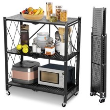3-Tier Duty Foldable Metal Rack Storage Shelving Unit Wheel Kitchen Storage Rack