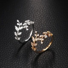 Women's Fashion Adjustable Ring Synthesis Zircon Leaf Shaped Open Ring