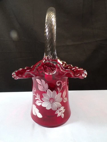 Fenton Ruby Red Glass Silver Crest Painted Basket 2004 Museum Piece White Floral