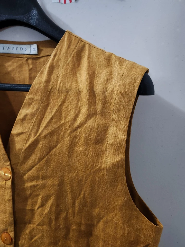 Vestido Top Tweeds Para Mujer M Dorado Sin Mangas Abotonado 100% Lino Cuello en V De Colección EE. UU. Pkt Foto 4 de 4