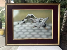 Mid Century Japanese 3D Relief Art Cranes Flying Over Mount Fuji – Signed Sekka
