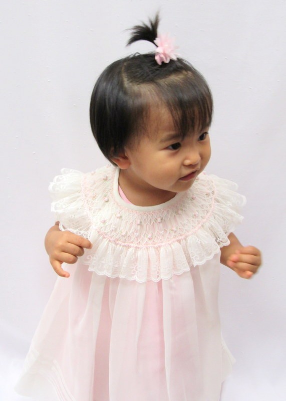 NWT Will'beth Ivory Pink Sheer Pearl Smocked Bishop Dress preemie Baby Girls 00