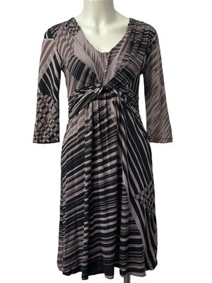 Sandro Ferrone Italian Designer Brown Black Striped V-Neck Dress M
