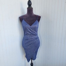 WINDSOR Mini Dress Glitzy Navy Blue Silver Metallic Strappy Stretch Faux Wrap XS