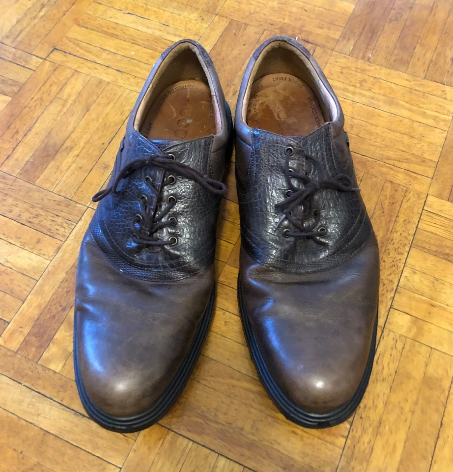 Ecco Gore-Tex Shock Point 软钉棕色皮革高尔夫鞋男式 EU 49 US 15 — 第 2/4 张图片