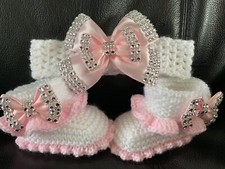 Hand knitted Romany Bling baby girls Shoes /booties/Crochet headband newborn 