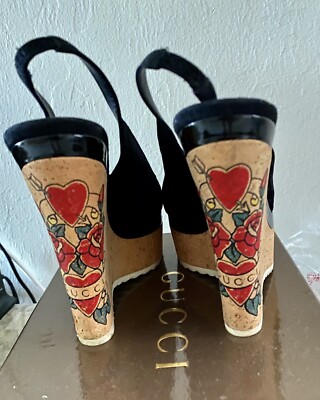 GUCCI Black Suede SlingBack Cork Tattoo Wedge Platform Heel GUCCI Black Suede SlingBack Cork Tattoo Wedge Platform Heel