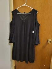 NWT Nina Leonard Xlarge Xl Black Crochet Bell Sleeve Cold-Shoulder Dress New