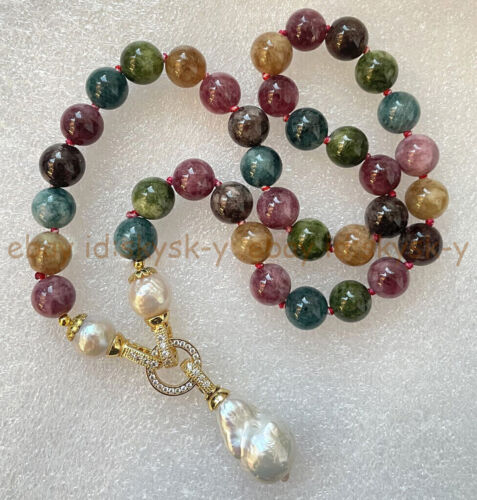 Colorful Tourmaline Round Gems Beads White Keshi Baroque Pearl Pendant Necklace - Afbeelding 1 van 13