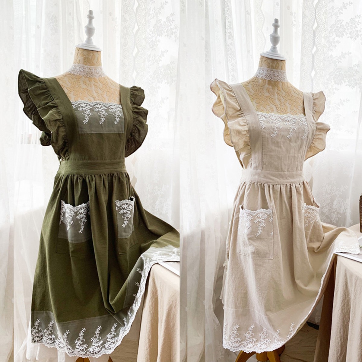 Lace Ruffles Cotton Apron W/ Pockets For Florist Cafe Maid Baking