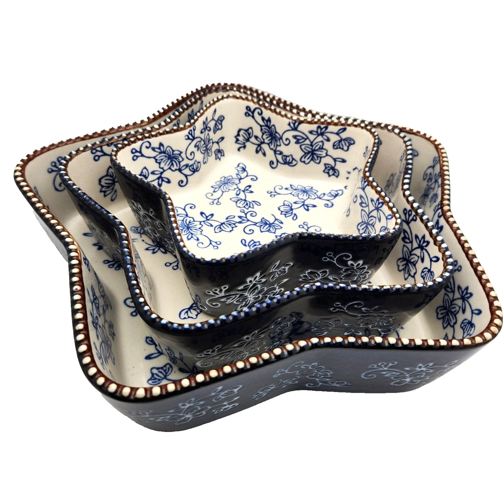 Cake pans Tara Floral Lace star shaped Cobalt Blue Temptations 3 nesting Ceramic