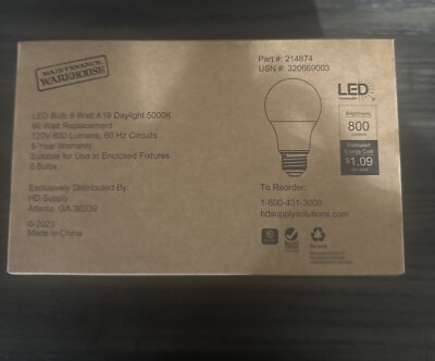 LED Bulb 9 Watt A19 Daylight 5000k 60 W 120 V 800 Lumens Hz Circuit 8 Bulbs