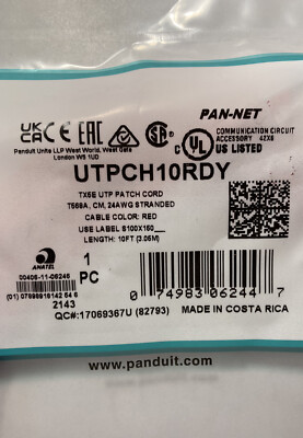 Panduit UTPCH10RDY - TX6E 10ft Red Patch Cord (3.05m) T568A, CM, 24AWG Stranded