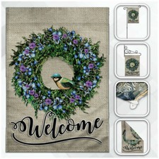 Welcome Garden Flag 12x18in Seasonal Garden Flag Wreath Flowers Bird
