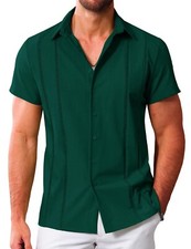 Men's Cuban Guayabera Casual Shirt Short Sleeve Dark Green Large