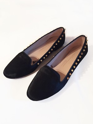 Zara Shoes Calf Hair Gold Studded Black Flats Size UK - Main Image