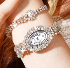 Ensemble Montre + Bracelet Ovale Quartz Femme Bijoux Elégante Strass Diamant
