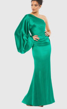 MAC DUGGAL 26588 SATIN PUFF SLEEVE ONE SHOULDER EMERALD GREEN GOWN sz 16