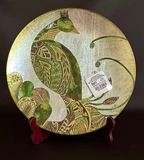 8” Peacock Plate New Pier  1 Vtg Decorative Green/Gold/Silver Foil Under Glass